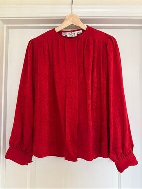 Vintage Oleg Cassini Vibrant Red Pleated Floral Jacquard 100% Silk Blouse